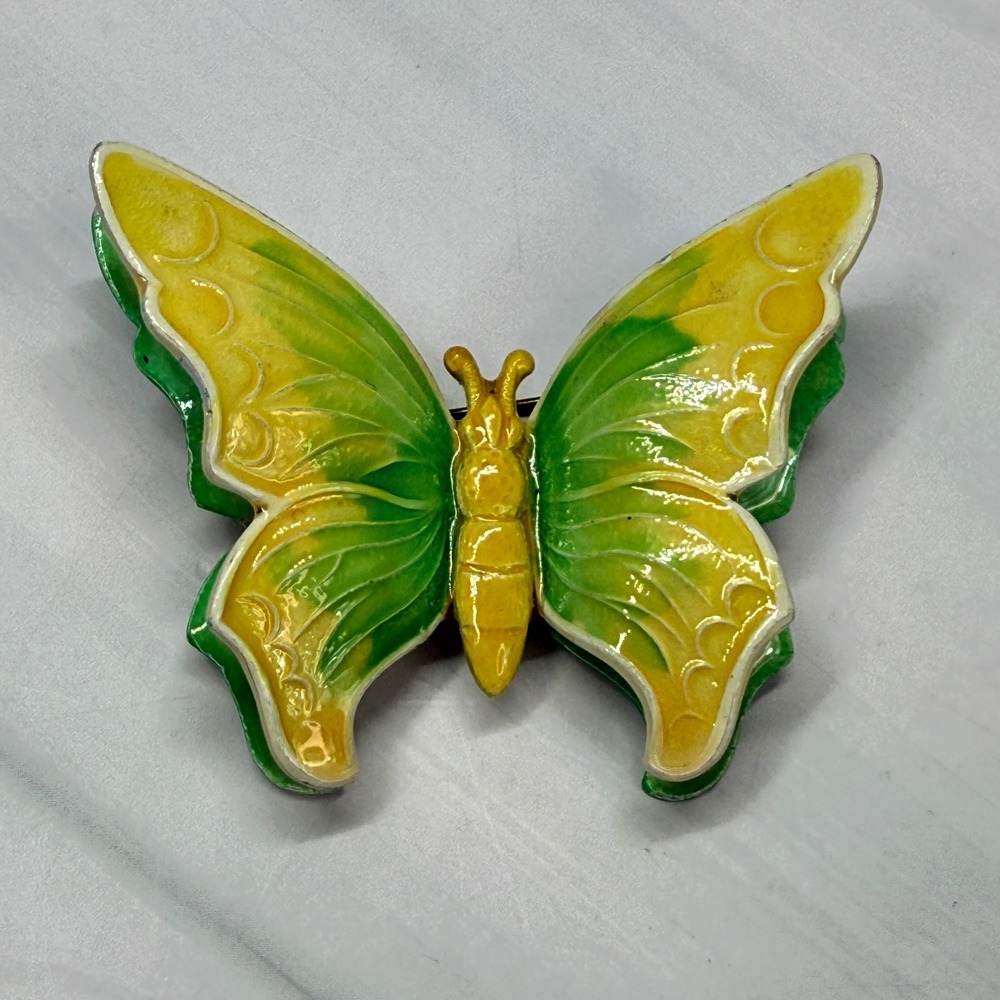 Vintage Made in W Germany Enamel Butterfly Brooch Green Yellow Double Wing